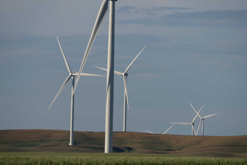 Slender-blades on wind turbines on brown hills above a green crop