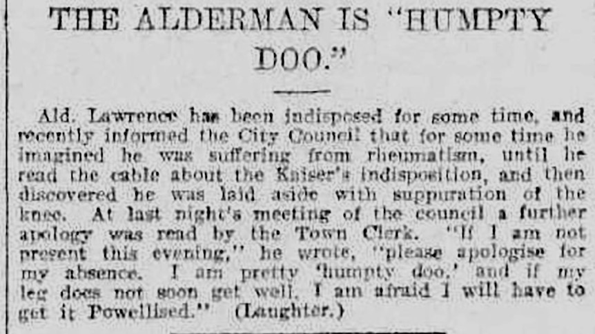 A newspaper clipping from 1910 with the headline 'The Alderman is 'Humpty Doo'.