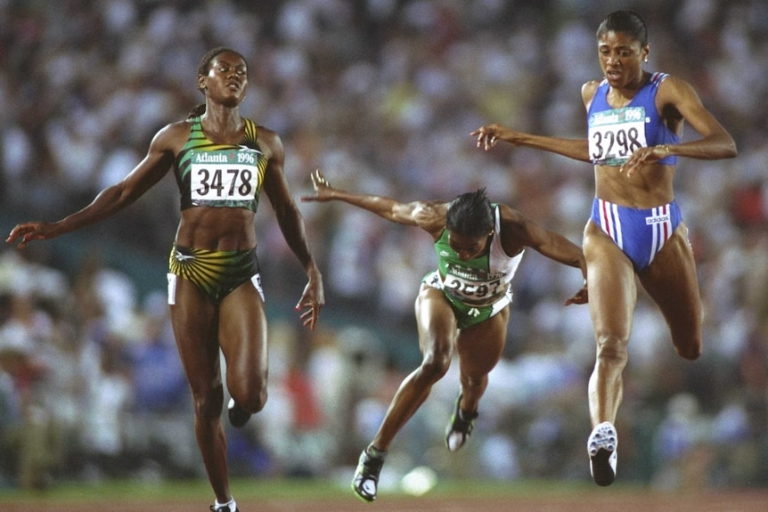 Always the bridesmaid ... Merlene Ottey (L) is pipped for gold by Marie-Jose Perec in the 200 metres final in Atlanta