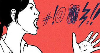A drawing of a woman shouting and symbols floating out of her mouth to indicate she is swearing.
