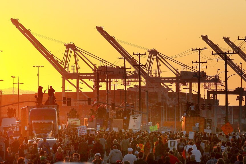 Occupy Oakland protesters march on the Port of Oakland.