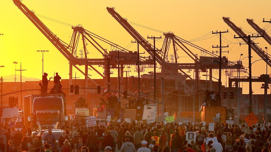 Thousands of Occupy protesters march at the Port of Oakland in early November.