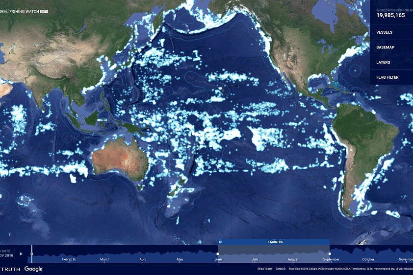 A map of the world with fishing activity highlighted in light blue.