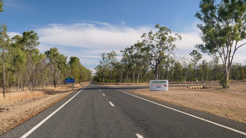 Road with a sign to the right with a picture of a kangaroo