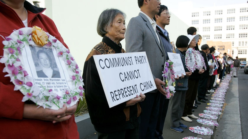 Falun Gong members stage a protest in Sydney.