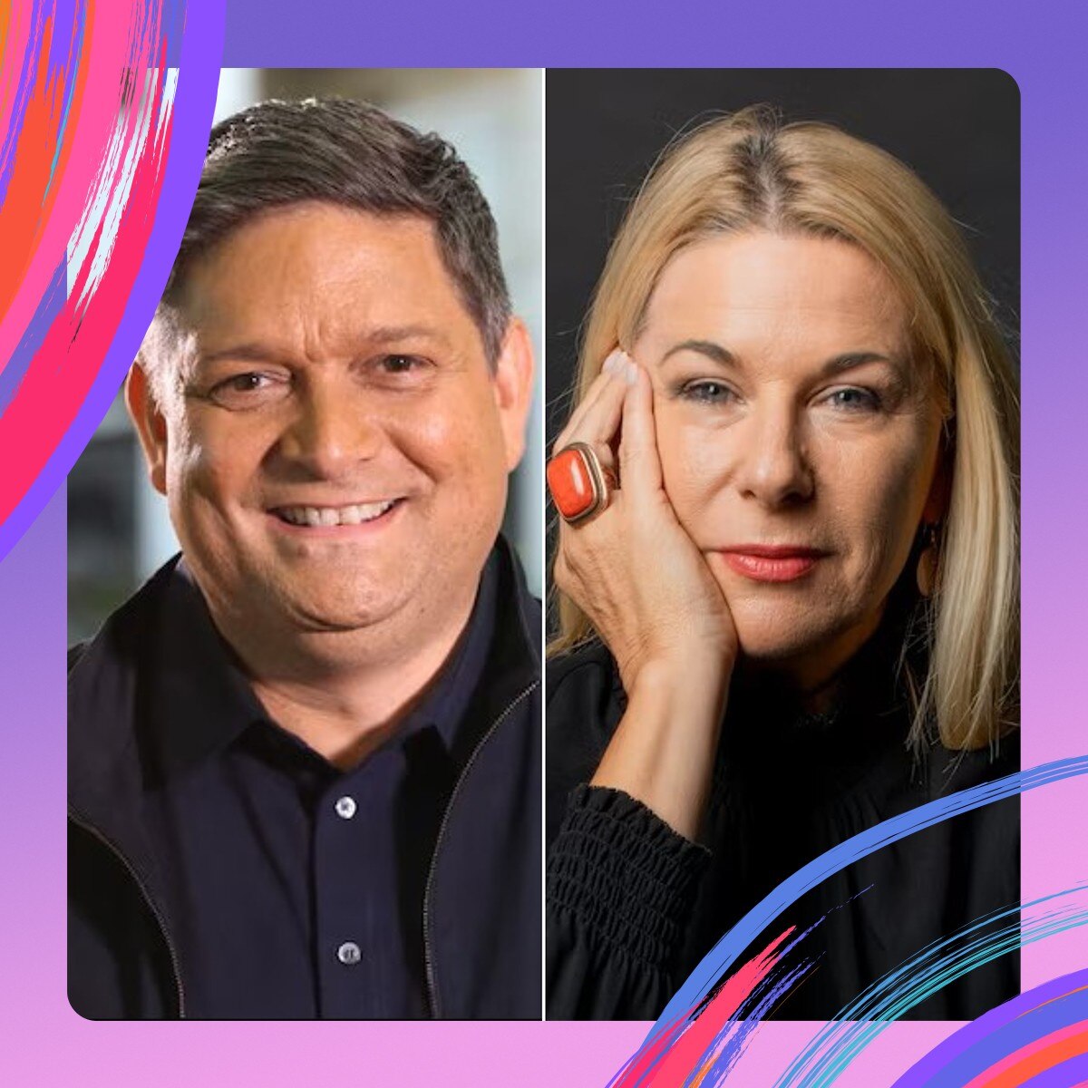 A composite photo shows a man with grey hair, smiling and a woman with blonde hair smiling.