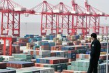 A man in the foreground watches containers at the Yangshan deepwater port in Shanghai