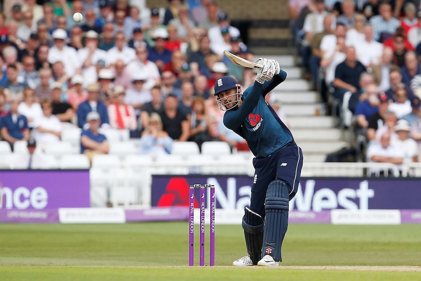 England cricketer Alex Hales hits a six against Australia