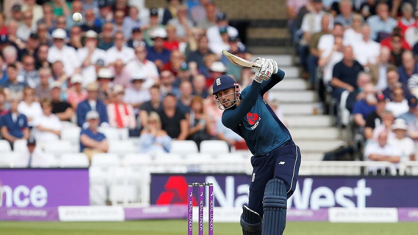 England cricketer Alex Hales hits a six against Australia