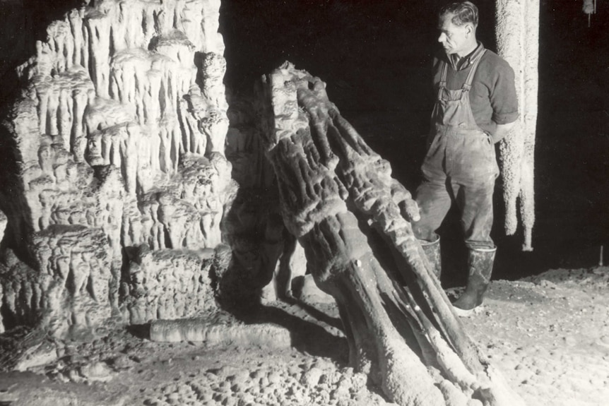 Roy Skinner stands next to broken stalactites in Exit Cave