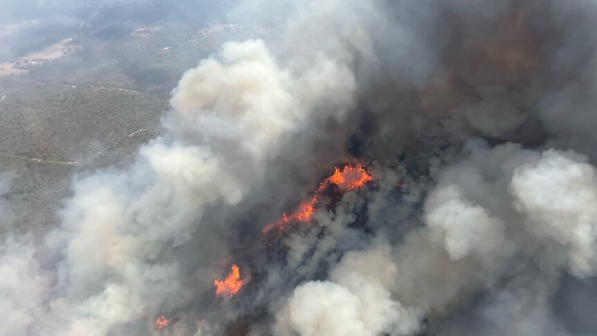 An aerial picture of lots of smoke billowing from bushland with intense areas of fire visible