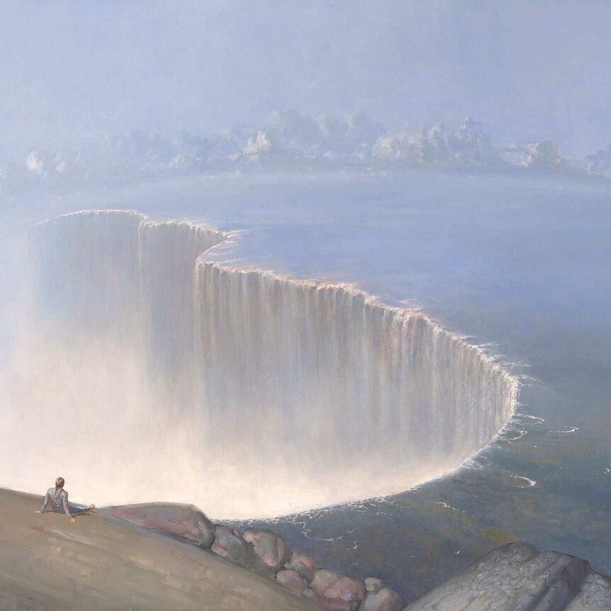 Illustration of man sitting on cliff looking over giant waterfall