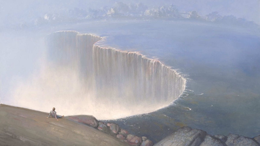 Illustration of man sitting on cliff looking over giant waterfall