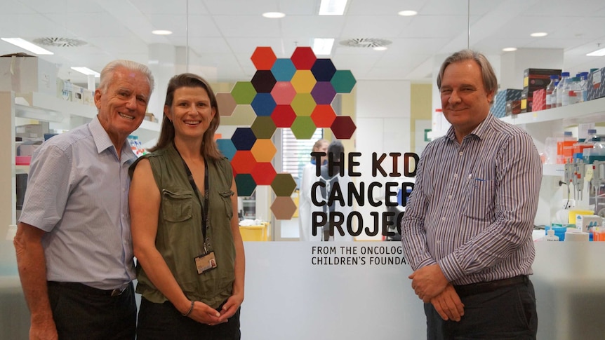 Col Reynolds, Dr Justine Stehn and Professor Peter Gunning outside the Kids Cancer Project lab in UNSW