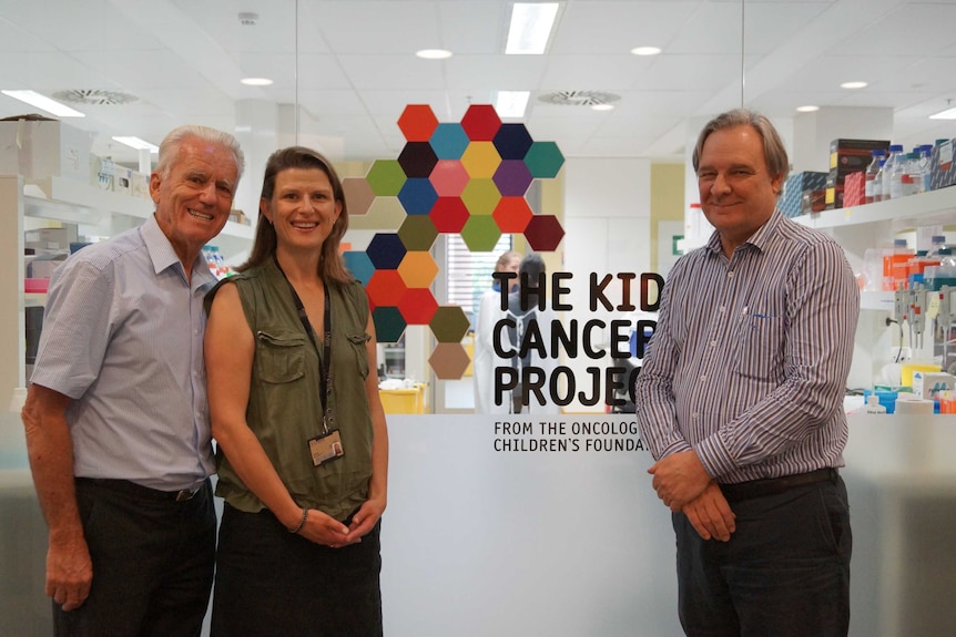 Col Reynolds, Dr Justine Stehn and Professor Peter Gunning outside the Kids Cancer Project lab in UNSW