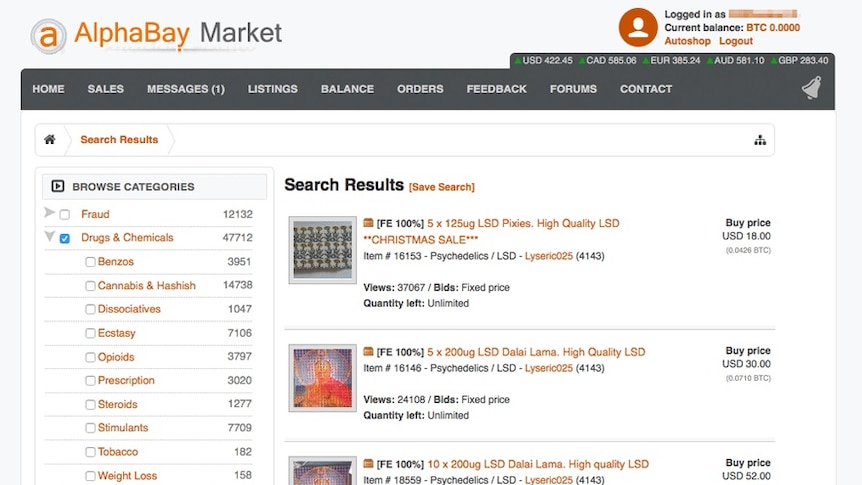 A screenshot of the dark net marketplace AlphaBay showing high quality LSD for sale.