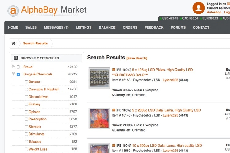 A screenshot of the dark net marketplace AlphaBay showing high quality LSD for sale.