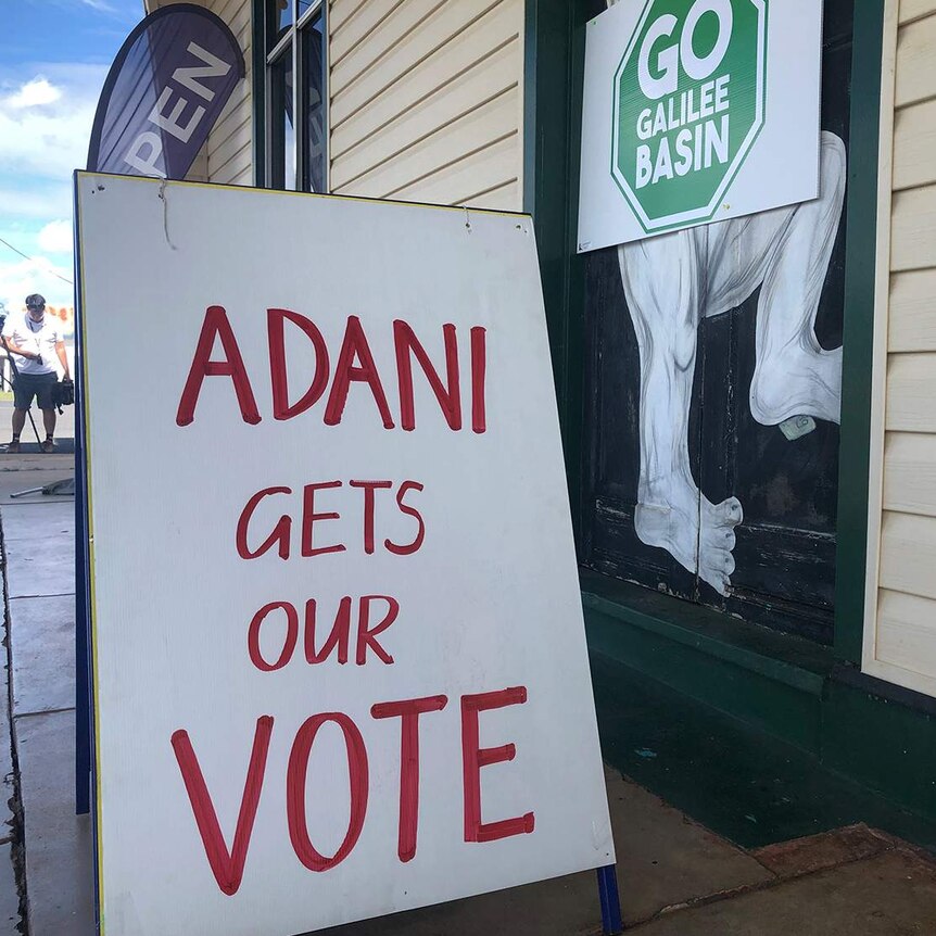 Signs saying 'Adani gets our vote' and 'Go Galilee Basin' in Clermont in central Queensland.