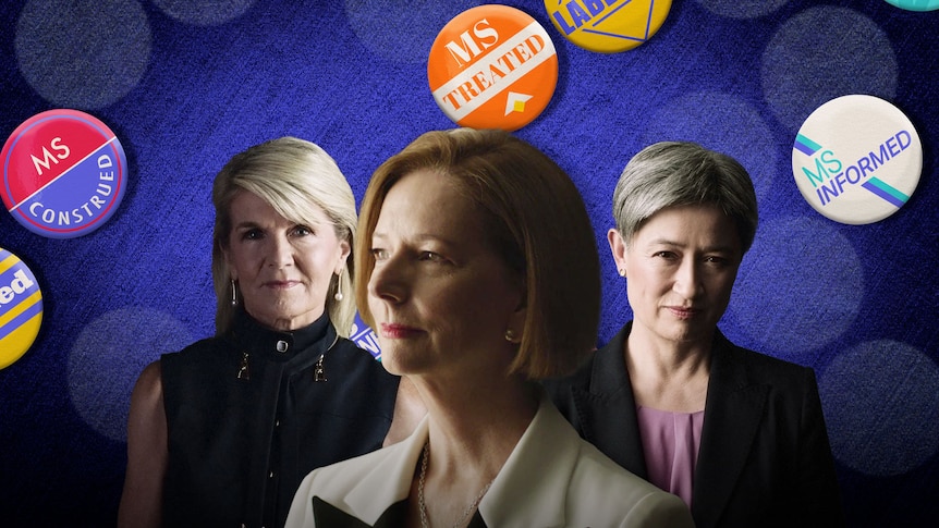 Julie Bishop, Julia Gillard and Penny Wong with political buttons