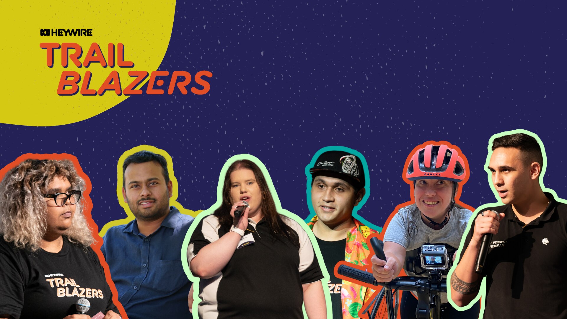 Six young people smiling stand in front of a purple background, with a logo located in the top left corner saying 'Trailblazers'