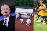 Reserve Bank governor Philip Lowe, a large building and satellite dishes in the desert, a Socceroo celebrating after a goal