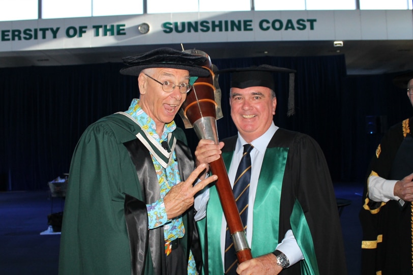 Dr Karl with Mark Bradley of the University of the Sunshine Coast after receiving his honorary doctorate on Friday.