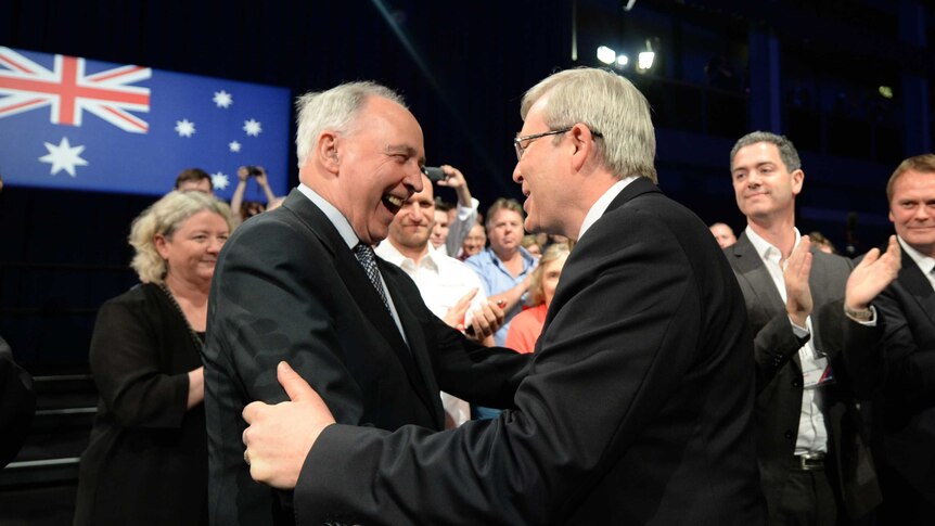 Prime Minister Kevin Rudd is welcomed by former prime minister Paul Keating at Labor's campaign launch in Brisbane.