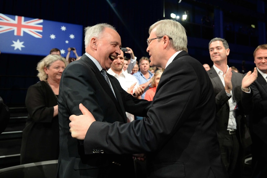 Prime Minister Kevin Rudd is welcomed by former prime minister Paul Keating at Labor's campaign launch in Brisbane.