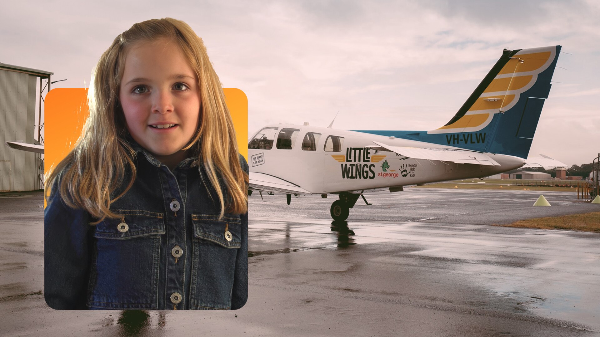 Winnie inset on an image of the Little Wings aeroplane on the tarmac.