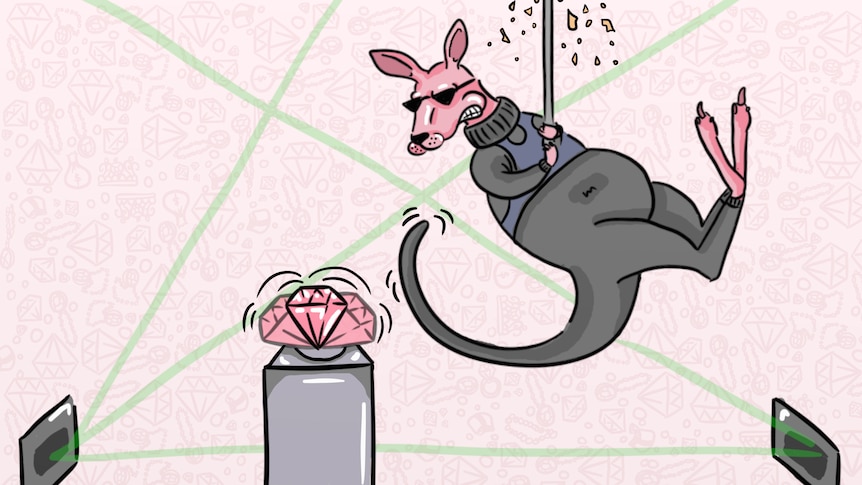 An illustration of a kangaroo dressed in black lowering itself on a rope next to a large pink diamond.