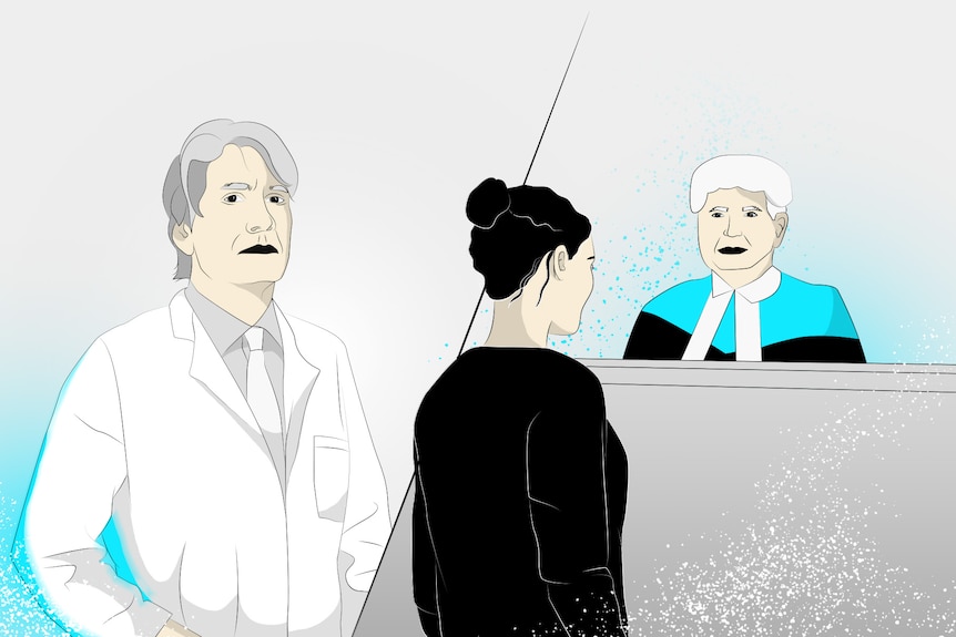 Illustration of doctor on left side and woman and judge in court on right side.