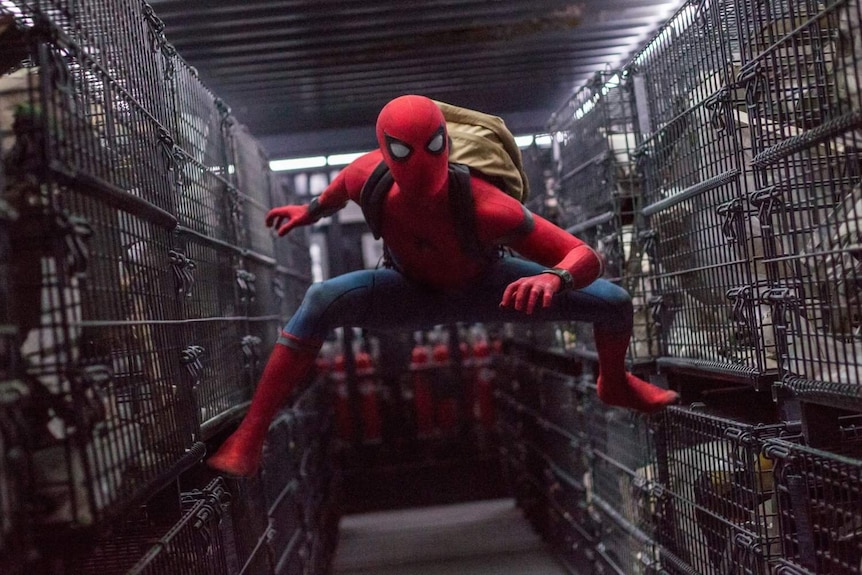 Spider-Man leaps through rows of cages, wearing a backpack, in a still from the film Spider-Man: Homecoming.