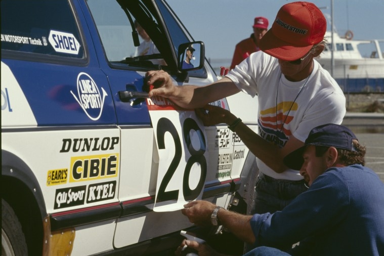 A car preparing to race during a Rally Australia event in Perth in 1988.