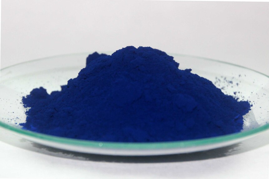 A pile of Prussian blue pigment in a glass dish.