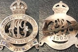 A composite image of the back and front of a copper-coloured badge with a crown emblem and pin on the back.