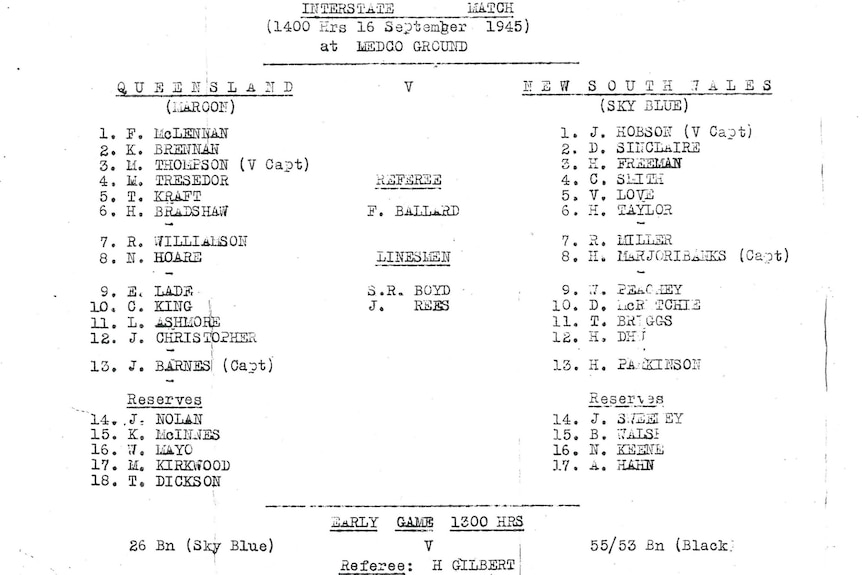 Type-written team sheet listing Queensland (Maroons) and NSW (Sky Blue) players