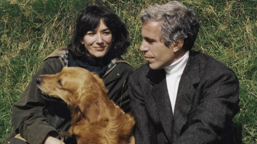 Ghislaine Maxwell and Jeffrey Epstein sit in grass with a golden retriever between them 