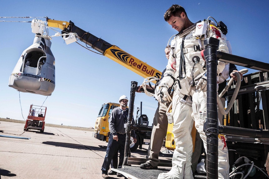 Felix Baumgartner waits at Roswell, New Mexico, before his attempt to jump out of a capsule from the edge of space.