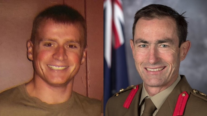 Composite image of two men, one wearing dark green t-shirt smiling, one wearing formal military dark green uniform