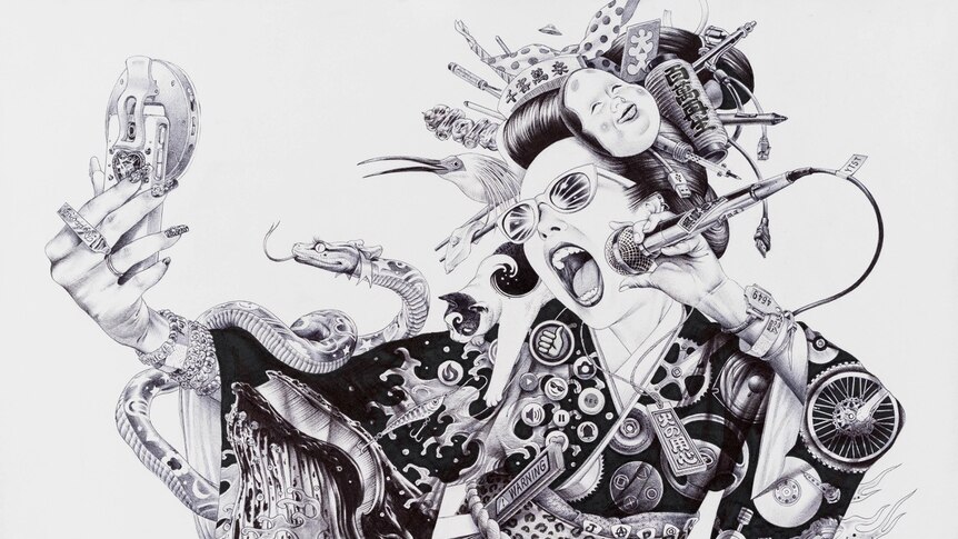 A ballpoint pen drawing of a Japanese woman in a kimono covered in symbols, singing karaoke and taking a selfie
