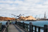 Cranes and woodchip piles at Burnie port
