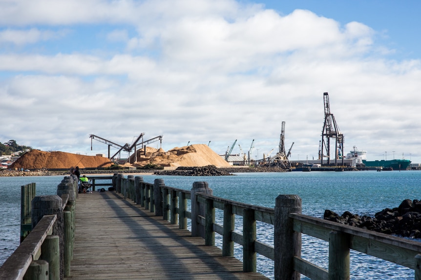 Cranes and woodchip piles at Burnie port