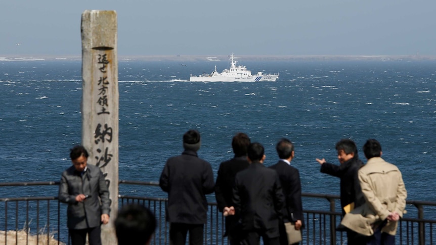 A Japanese Coast Guard vessel is seen off the coast near the Southern Kuriles.
