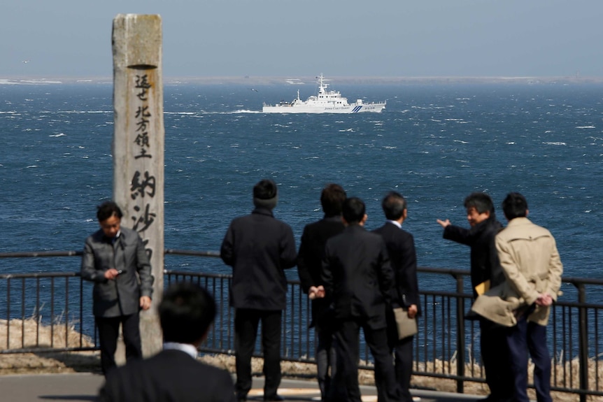 A Japanese Coast Guard vessel is seen off the coast near the Southern Kuriles.