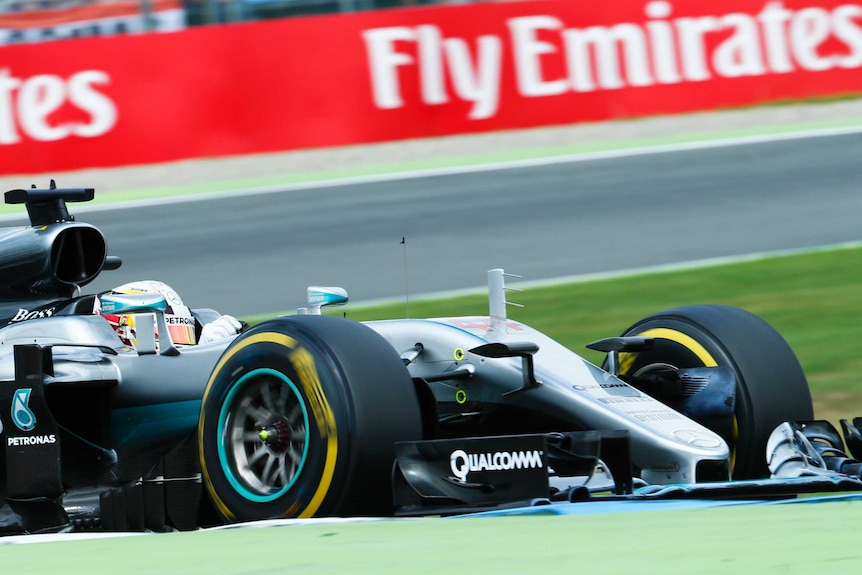 Lewis Hamilton's Formula One car on the track during the 2016 German Grand Prix.