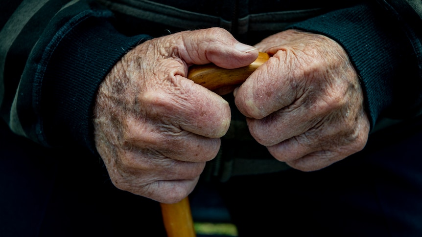 A close up of an elderly man's hands as they hold a walking stick