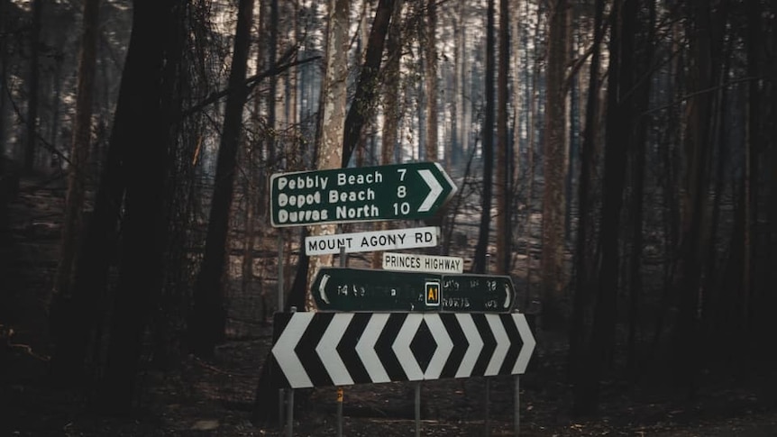 A street sign burnt and blackened by bushfires
