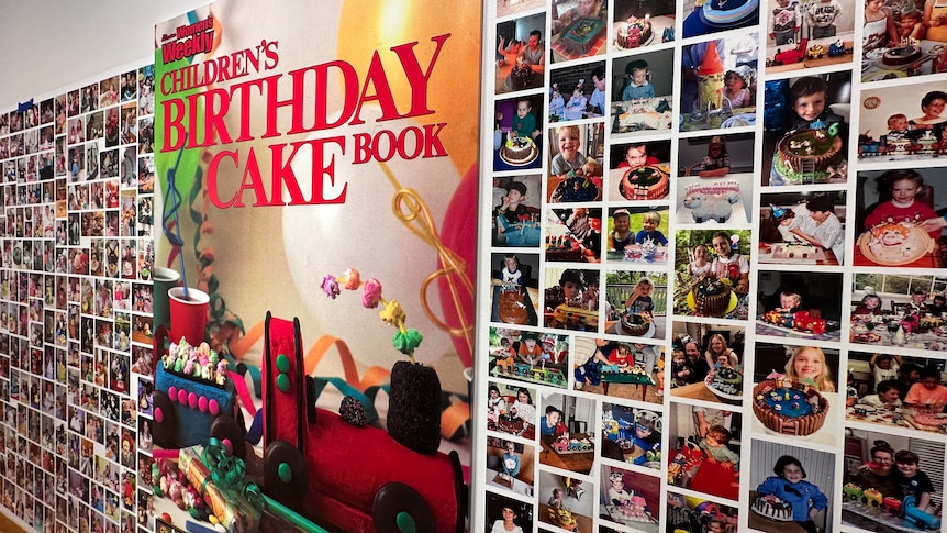 A wall of pictures centred around the cover of a children's birthday cake book.