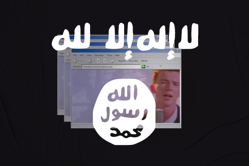 An illustration of Islamic State iconography superimposed over a browser window containing an image of Rick Astley.