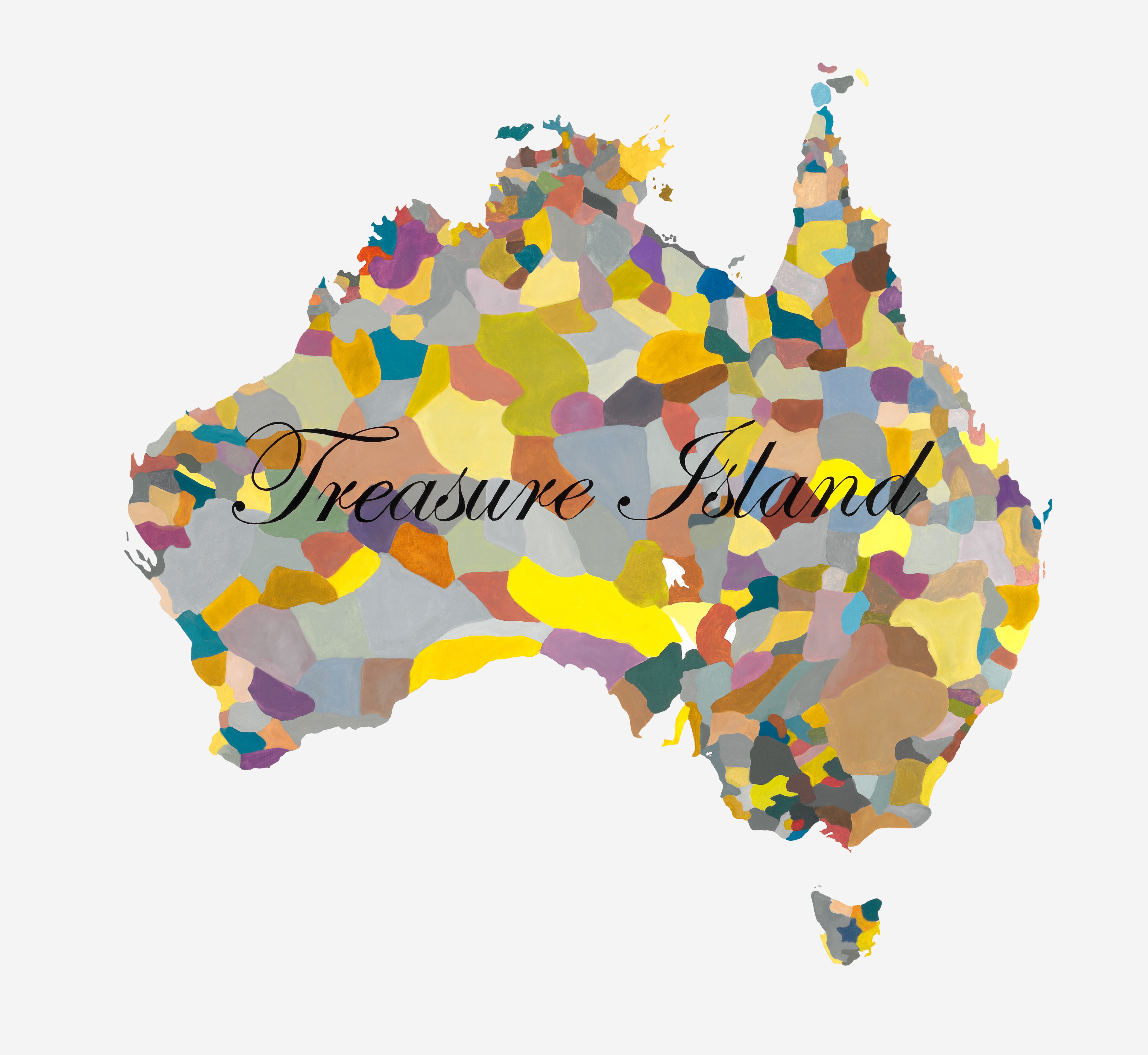 Colourful map of Australia with different demarcations, with the text "Treasure Island" in cursive font.